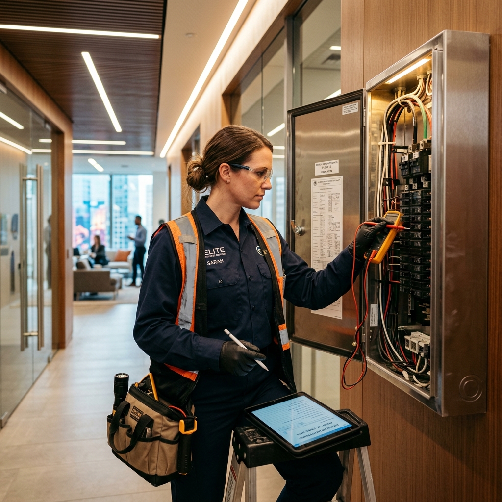 Professional maintenance team inspecting facility